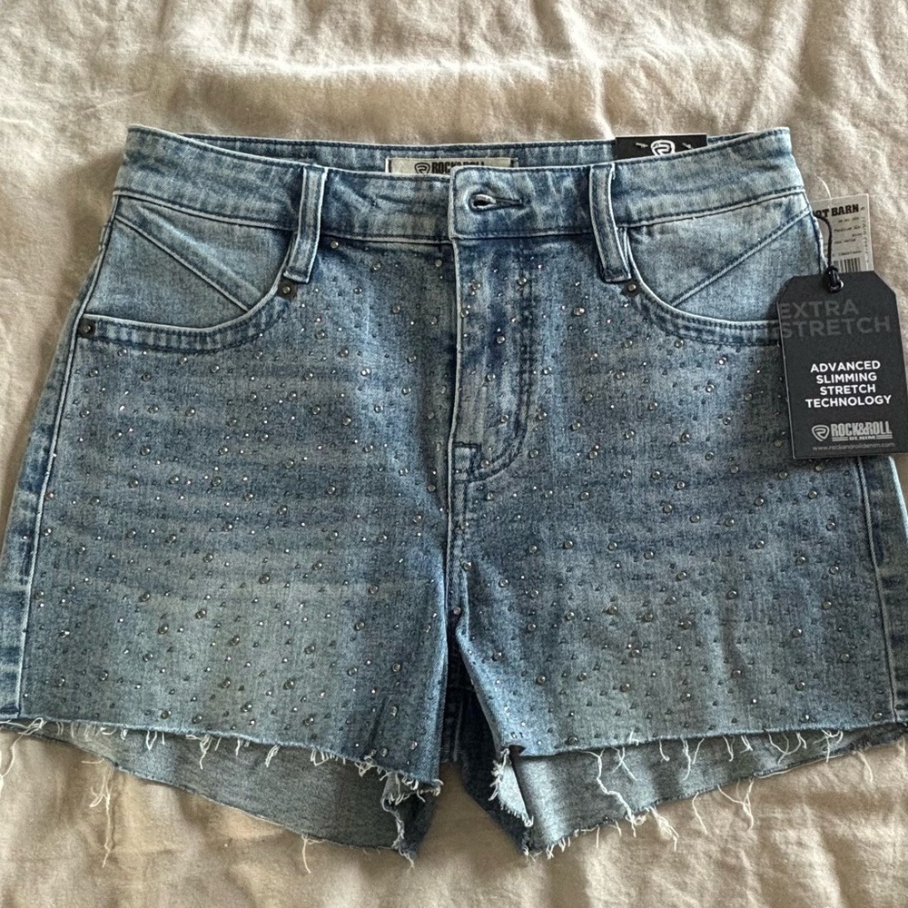 Rock & Roll Cowgirl Light Blue Rhinestone Denim Shorts